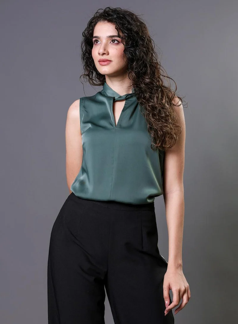 Zigzag  Twisted Neck Sleeveless Top -  Green for Women | Best Price UAE
